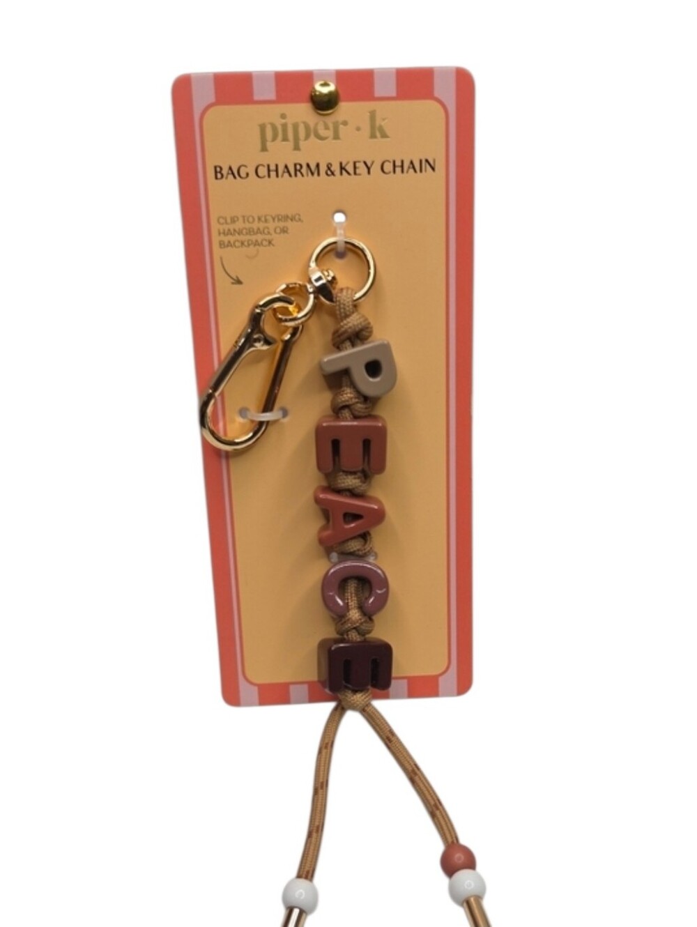 🤎▪️Piper K ▪️ Gold Hardware Bag Charm with Beige & Brown Letter " PEACE "Beads